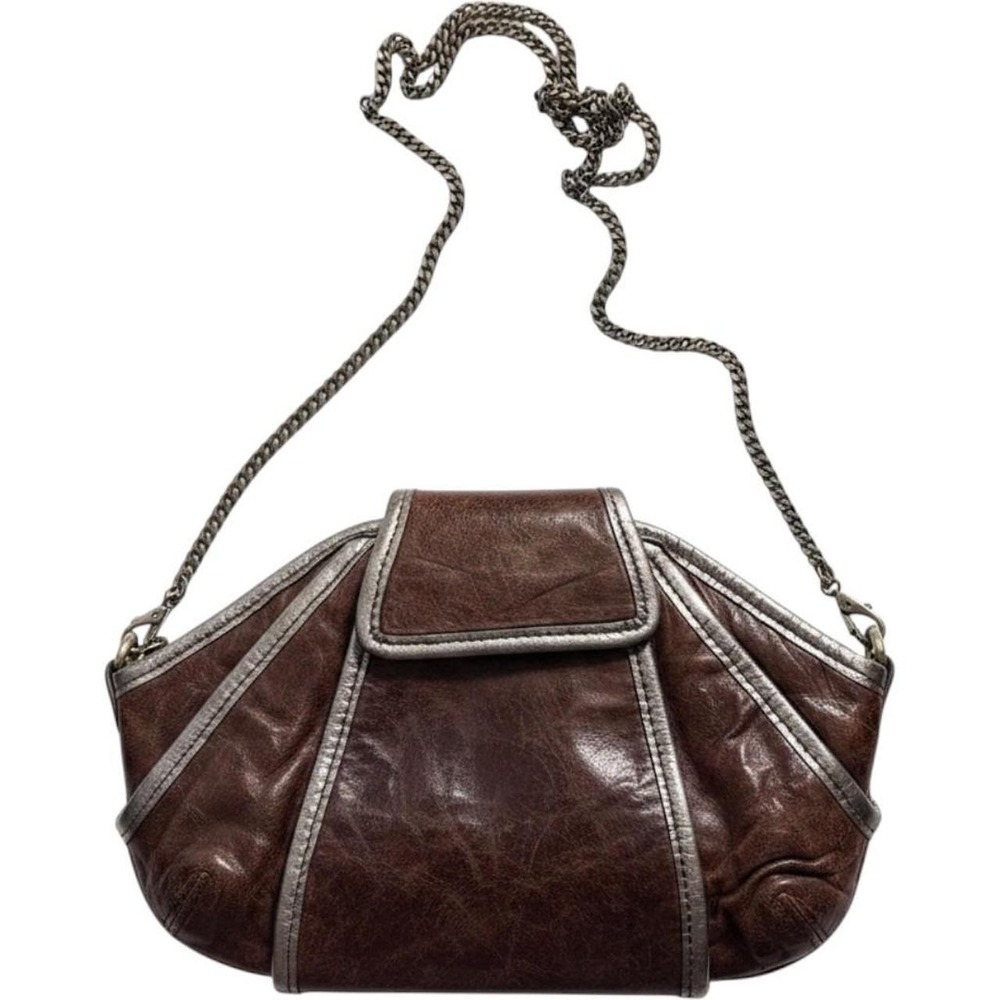 Kooba Brown Leather Metallic Silver Trim Chain Crossbody Bag Distressed Boho